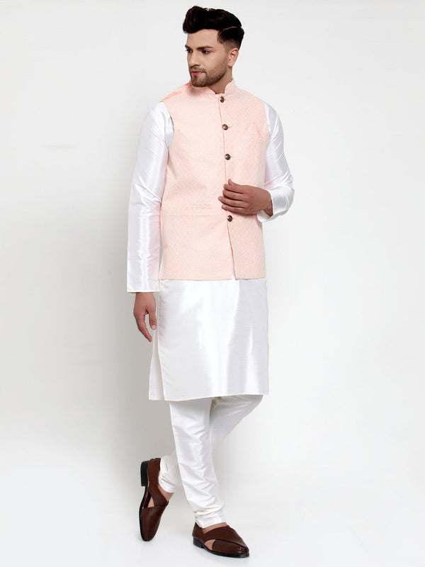 Jompers Men's Solid Dupion Kurta Pajama with Embroiderd Nehru Jacket (Pink) - Distacart