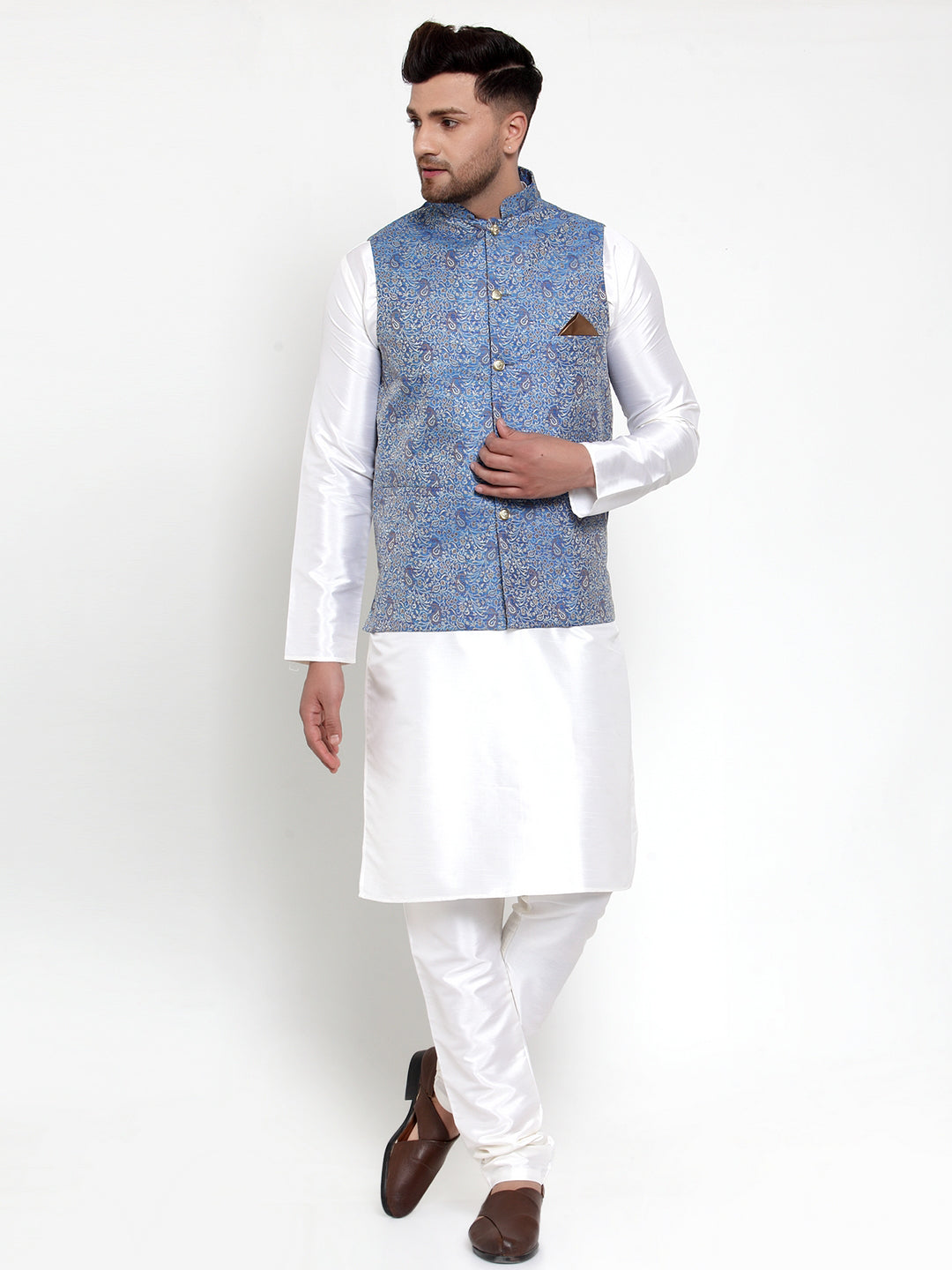 Jompers Men's Solid Dupion Kurta Pajama with Woven Jacqaurd Nehru Jacket (Blue) - Distacart