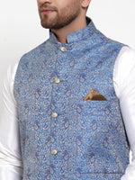 Thumbnail for Jompers Men's Solid Dupion Kurta Pajama with Woven Jacqaurd Nehru Jacket (Blue) - Distacart