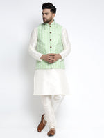 Thumbnail for Jompers Men's Solid White Dupion Kurta Payjama with Embroidered Waistcoat (Green) - Distacart