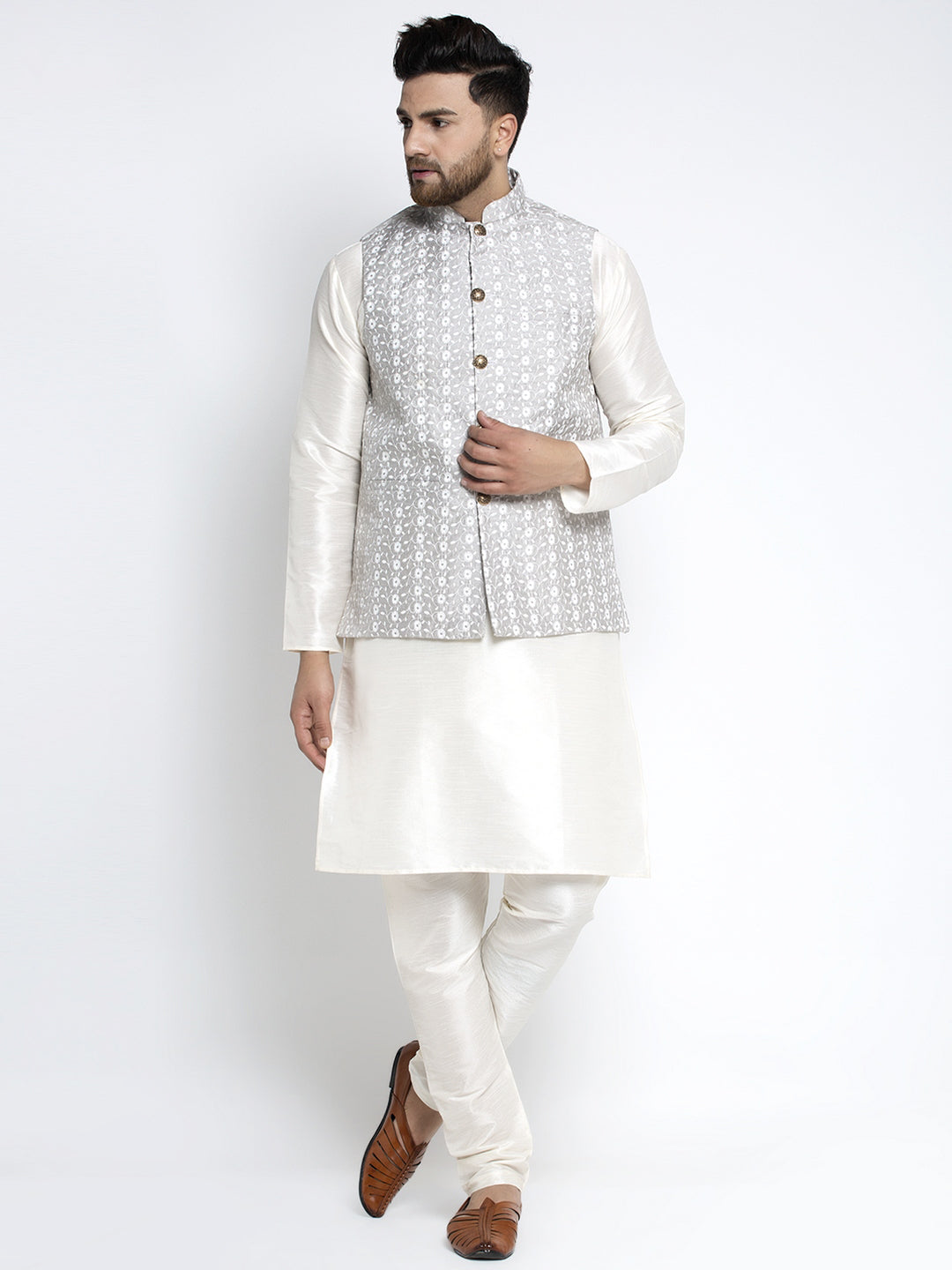 Jompers Men's Solid White Dupion Kurta Payjama with Embroidered Waistcoat (Grey) - Distacart