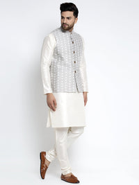 Thumbnail for Jompers Men's Solid White Dupion Kurta Payjama with Embroidered Waistcoat (Grey) - Distacart