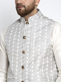 Thumbnail for Jompers Men's Solid White Dupion Kurta Payjama with Embroidered Waistcoat (Grey) - Distacart