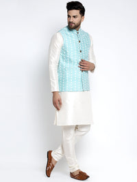 Thumbnail for Jompers Men's Solid White Dupion Kurta Payjama with Embroidered Waistcoat (Sky) - Distacart