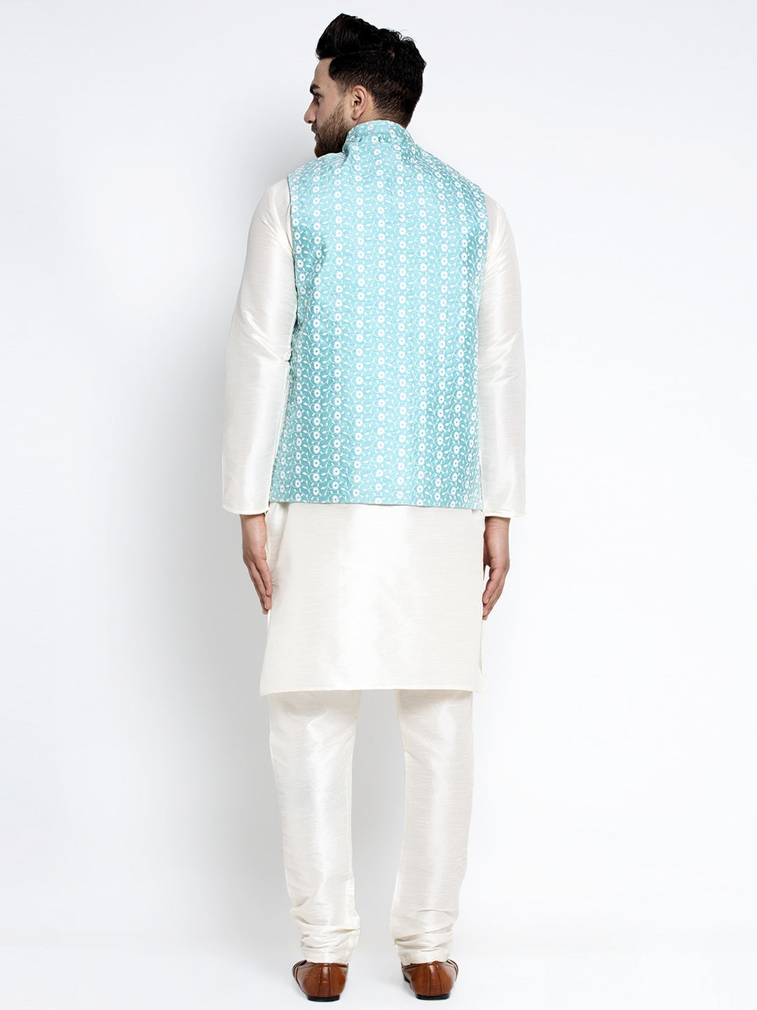 Jompers Men's Solid White Dupion Kurta Payjama with Embroidered Waistcoat (Sky) - Distacart