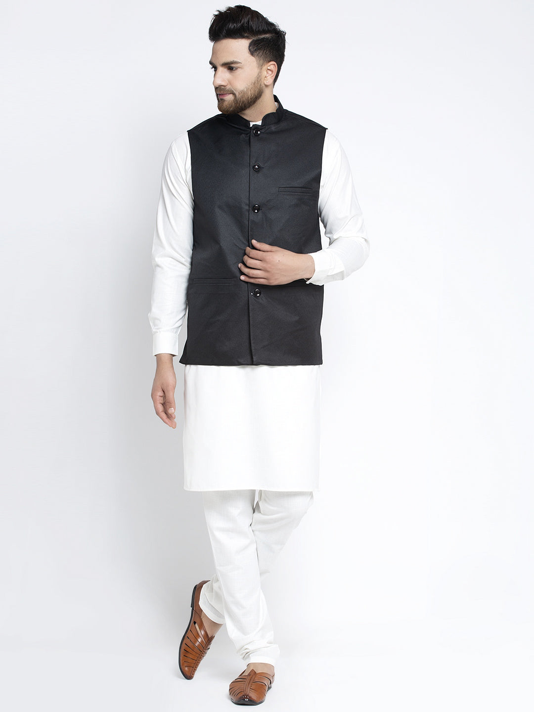 Jompers Men's Solid White Cotton Kurta Payjama with Solid Black Waistcoat - Distacart