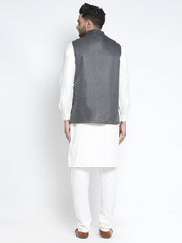 Thumbnail for Jompers Men's Solid White Cotton Kurta Payjama with Solid Charcoal Waistcoat - Distacart