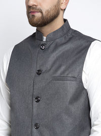 Thumbnail for Jompers Men's Solid White Cotton Kurta Payjama with Solid Charcoal Waistcoat - Distacart