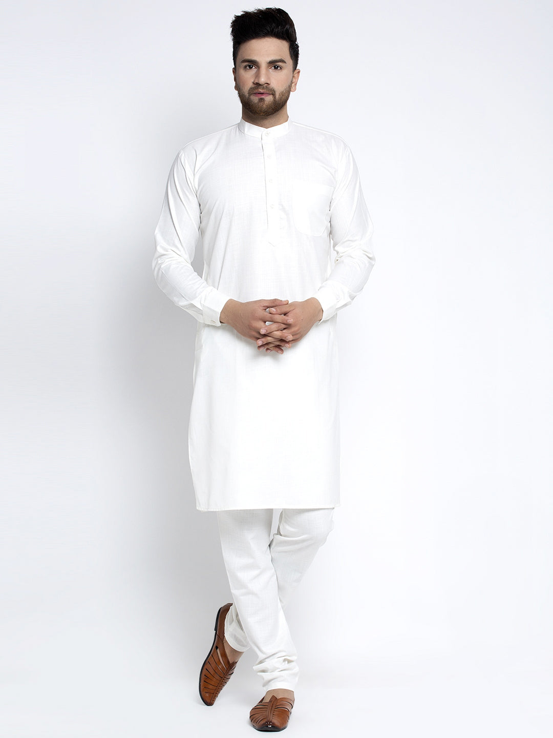 Jompers Men's Solid White Cotton Kurta Payjama with Solid Charcoal Waistcoat - Distacart