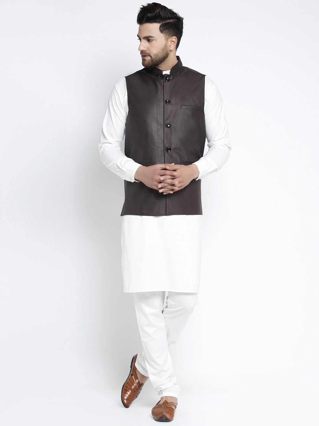 Jompers Men's Solid White Cotton Kurta Payjama with Solid Coffee Waistcoat(Coffee) - Distacart