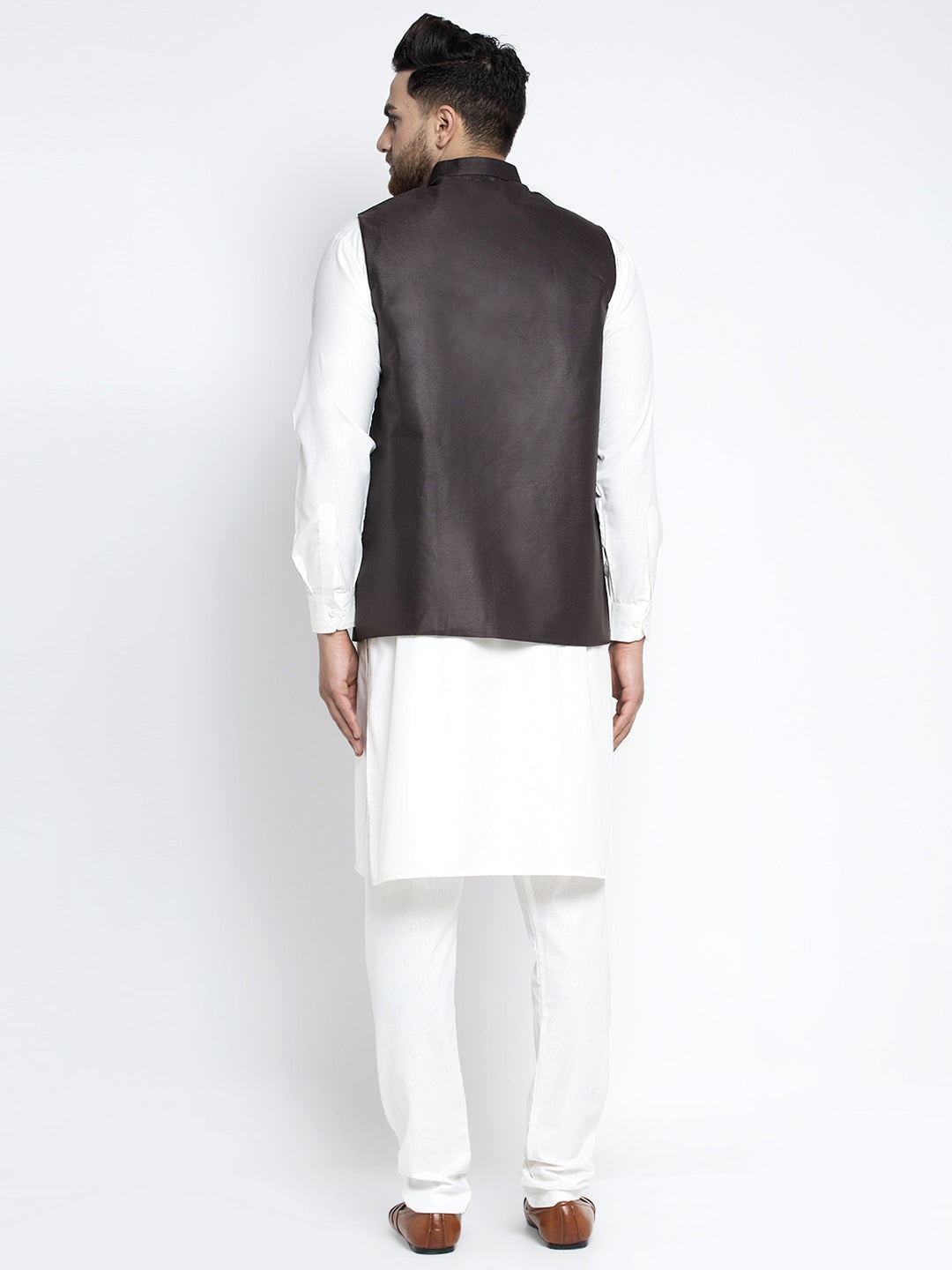 Jompers Men's Solid White Cotton Kurta Payjama with Solid Coffee Waistcoat(Coffee) - Distacart