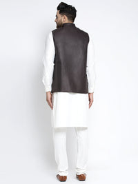 Thumbnail for Jompers Men's Solid White Cotton Kurta Payjama with Solid Coffee Waistcoat(Coffee) - Distacart