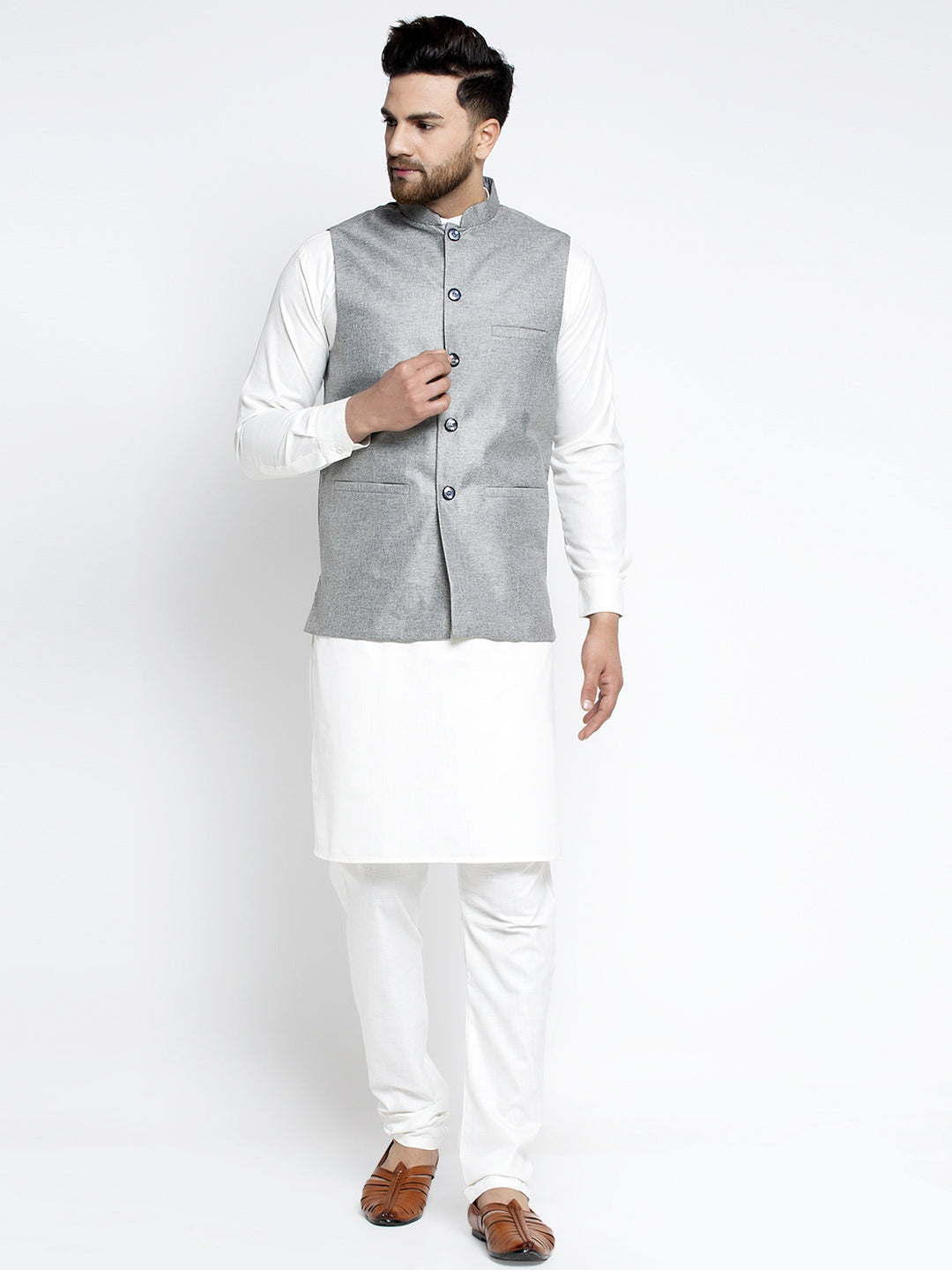 Jompers Men's Solid White Cotton Kurta Payjama with Solid Grey Waistcoat (Grey) - Distacart