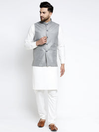 Thumbnail for Jompers Men's Solid White Cotton Kurta Payjama with Solid Grey Waistcoat (Grey) - Distacart