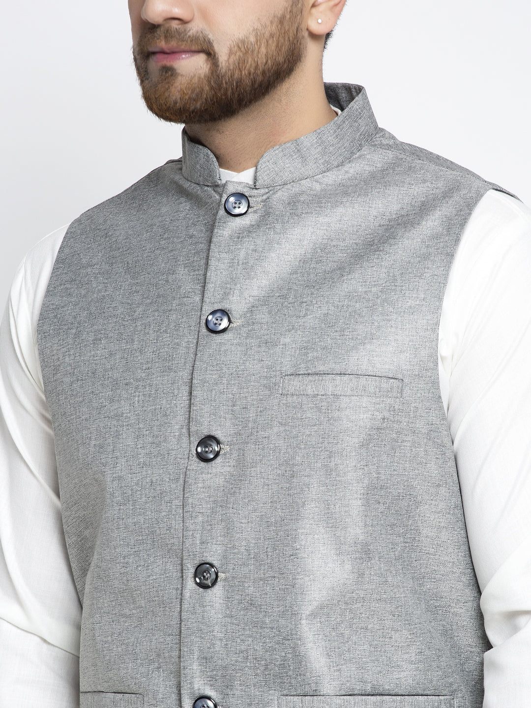 Jompers Men's Solid White Cotton Kurta Payjama with Solid Grey Waistcoat (Grey) - Distacart
