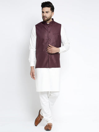 Jompers Men's Solid White Cotton Kurta Payjama with Solid Maroon Waistcoat(Maroon) - Distacart