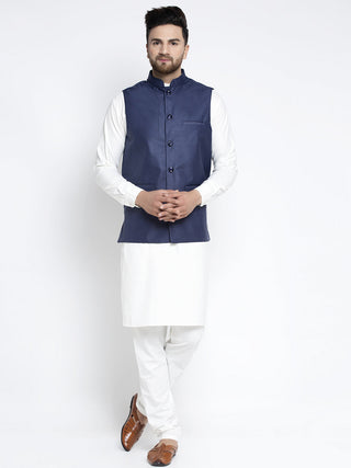 Jompers Men's Solid White Cotton Kurta Payjama with Solid Navy Waistcoat(Navy) - Distacart