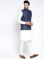 Thumbnail for Jompers Men's Solid White Cotton Kurta Payjama with Solid Navy Waistcoat(Navy) - Distacart