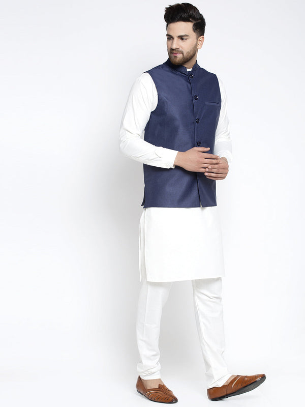 Jompers Men's Solid White Cotton Kurta Payjama with Solid Navy Waistcoat(Navy) - Distacart