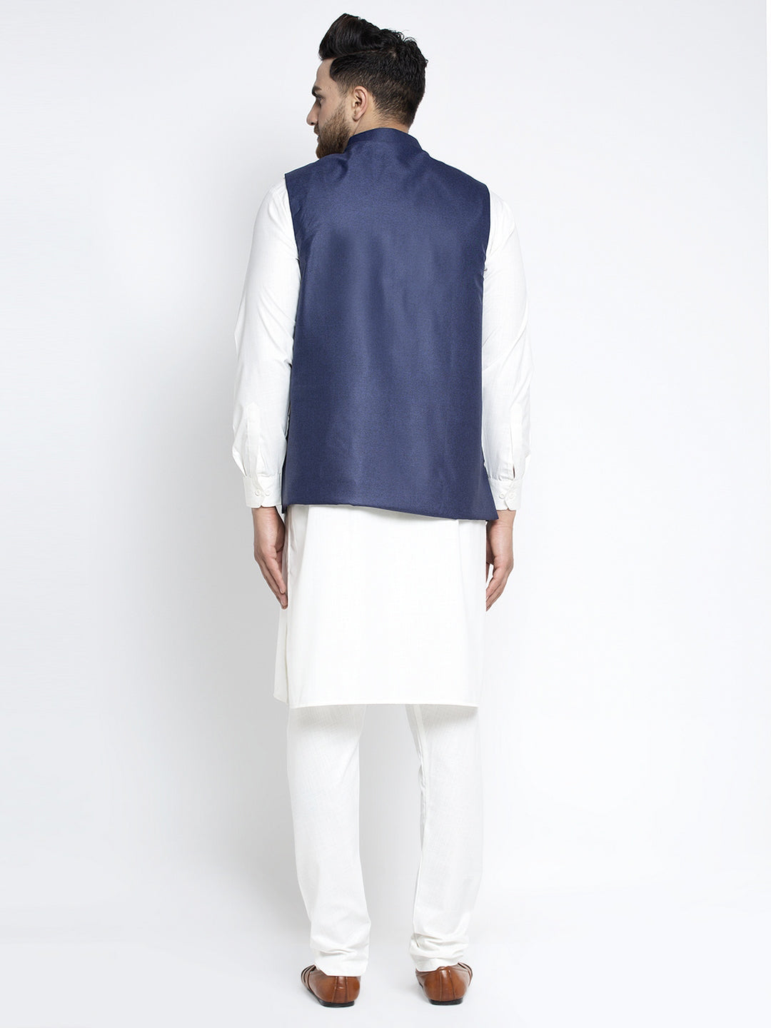 Jompers Men's Solid White Cotton Kurta Payjama with Solid Navy Waistcoat(Navy) - Distacart