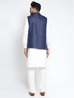 Thumbnail for Jompers Men's Solid White Cotton Kurta Payjama with Solid Navy Waistcoat(Navy) - Distacart