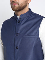 Thumbnail for Jompers Men's Solid White Cotton Kurta Payjama with Solid Navy Waistcoat(Navy) - Distacart
