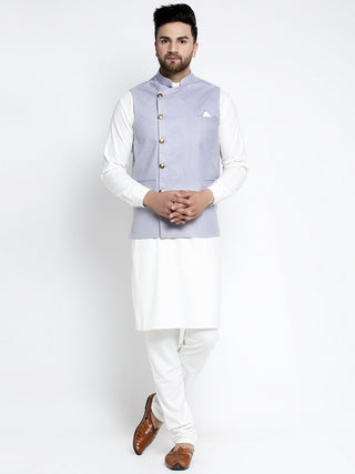 Jompers Men's Solid White Cotton Kurta Payjama with Geometric Waistcoat(Blue) - Distacart