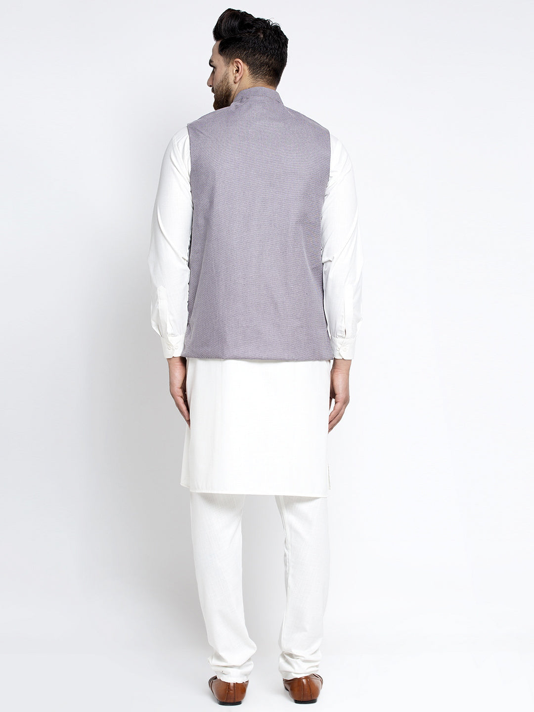 Jompers Men's Solid White Cotton Kurta Payjama with Geometric Waistcoat(Purple) - Distacart