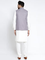 Thumbnail for Jompers Men's Solid White Cotton Kurta Payjama with Geometric Waistcoat(Purple) - Distacart