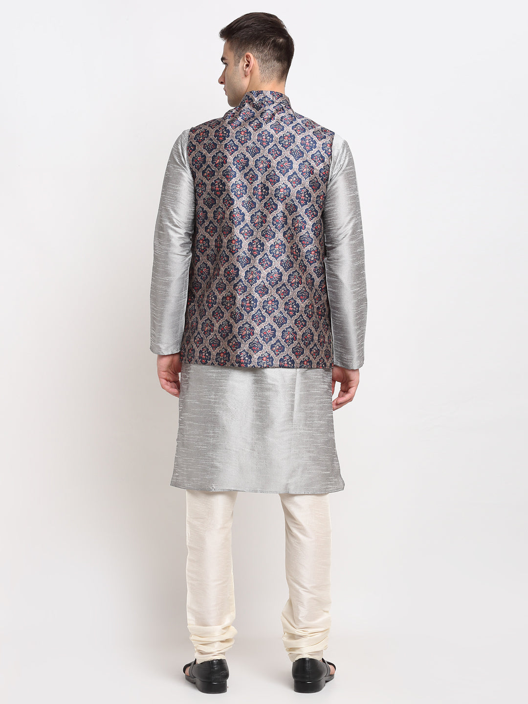 Jompers Men's Silver Dupion Silk Kurta with Churidar &Nehru Jacket(Grey) - Distacart