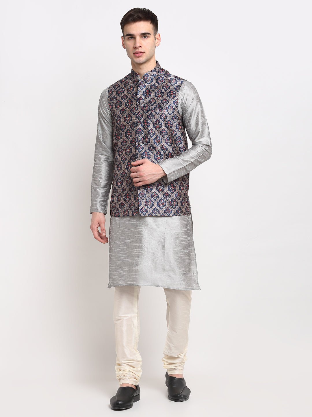 Jompers Men's Silver Dupion Silk Kurta with Churidar &Nehru Jacket(Grey) - Distacart