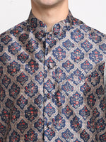 Thumbnail for Jompers Men's Silver Dupion Silk Kurta with Churidar &Nehru Jacket(Grey) - Distacart