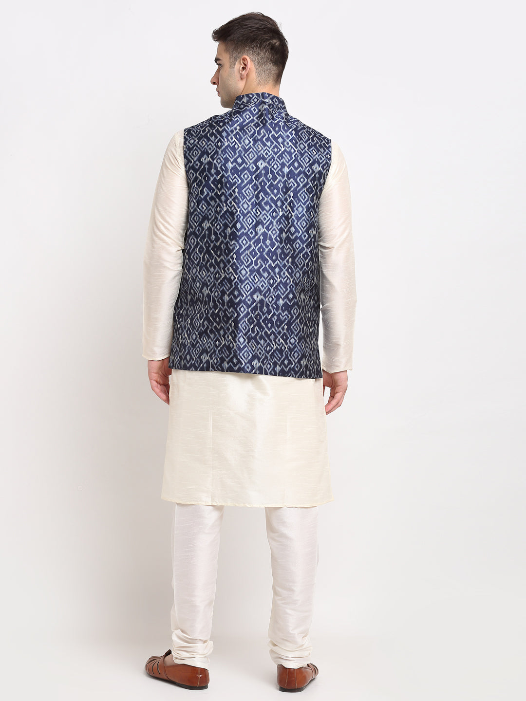 Jompers Men's Off-white Dupion Silk Kurta with Churidar&Nehru Jacket(Blue) - Distacart
