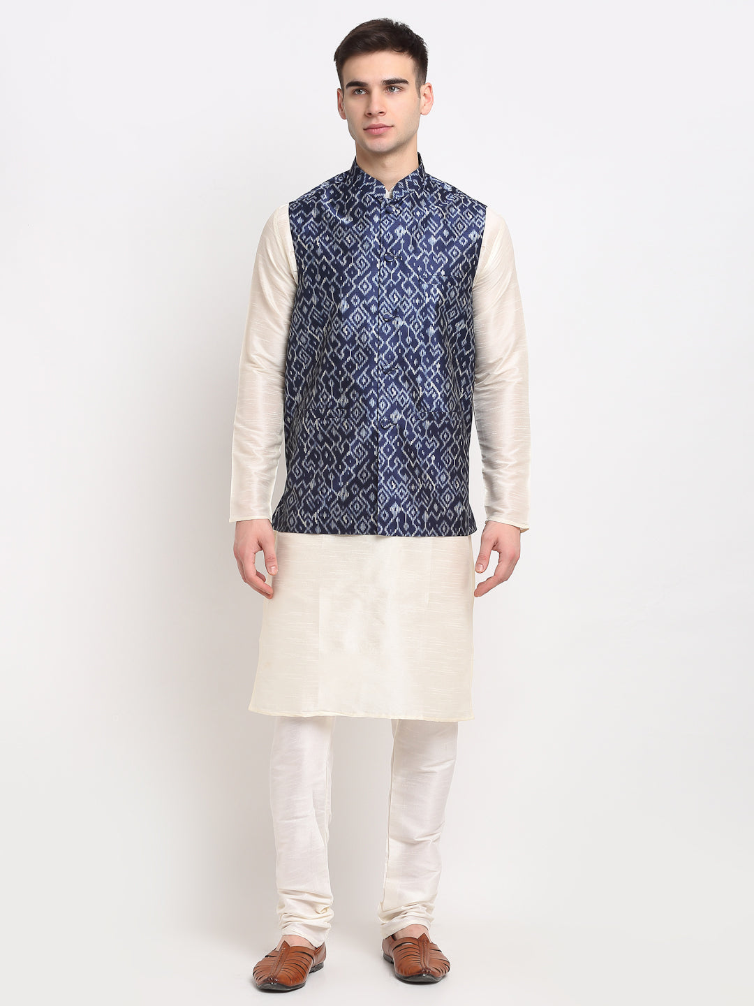 Jompers Men's Off-white Dupion Silk Kurta with Churidar&Nehru Jacket(Blue) - Distacart