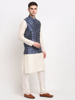 Thumbnail for Jompers Men's Off-white Dupion Silk Kurta with Churidar&Nehru Jacket(Blue) - Distacart
