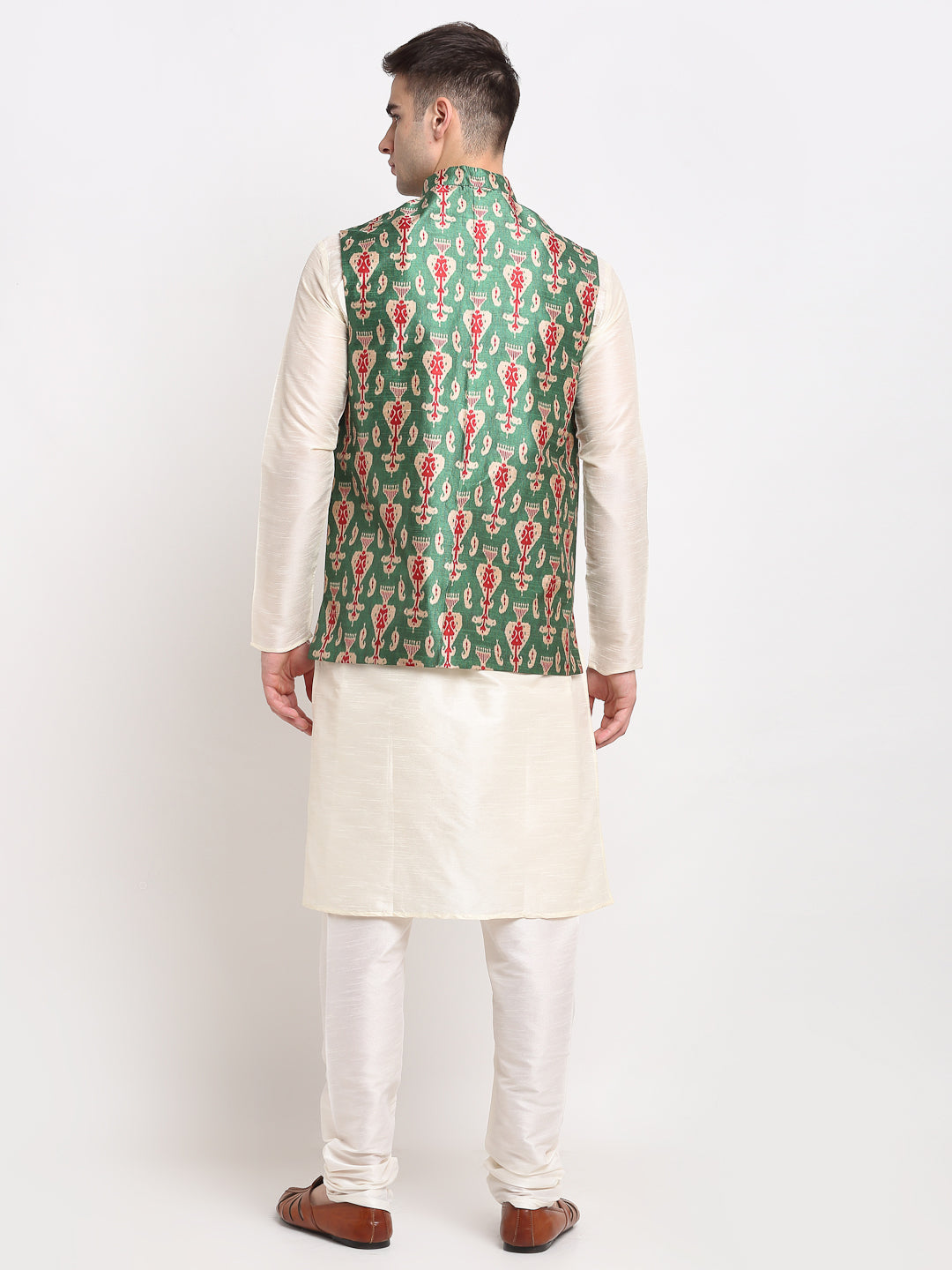 Jompers Men's Off-white Dupion Silk Kurta with Churidar & Nehru Jacket (Green) - Distacart