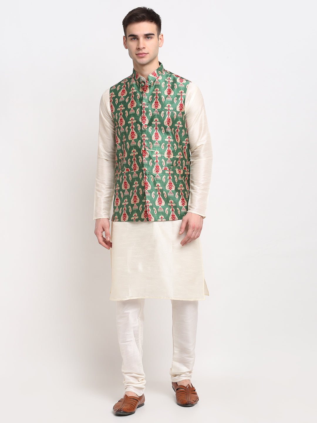 Jompers Men's Off-white Dupion Silk Kurta with Churidar & Nehru Jacket (Green) - Distacart