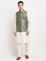 Thumbnail for Jompers Men's Off-white Dupion Silk Kurta with Churidar & Nehru Jacket (Green) - Distacart