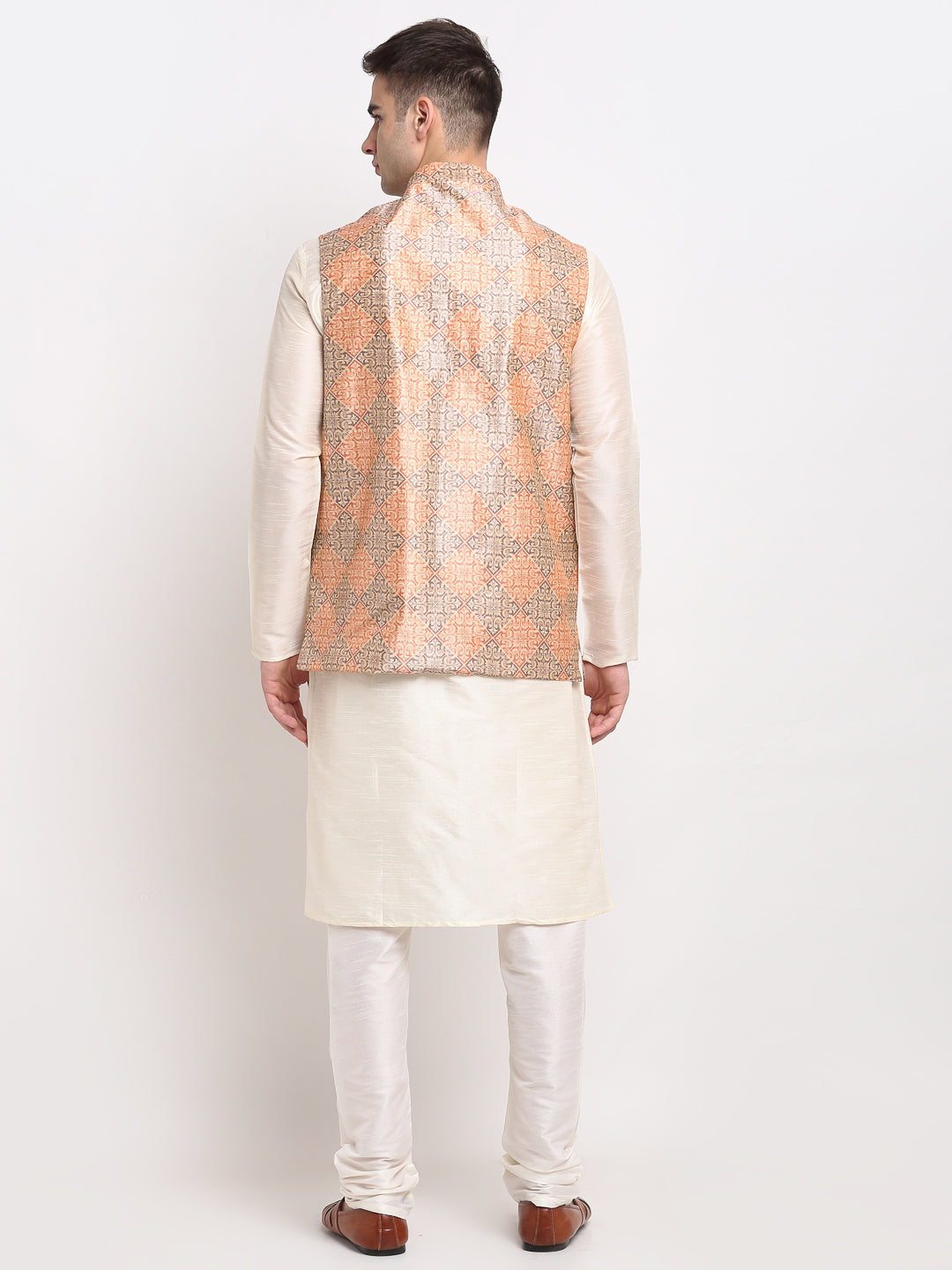 Jompers Men's Off-white Dupion Silk Kurta with Churidar & Nehru Jacket(Peach-Purple) - Distacart