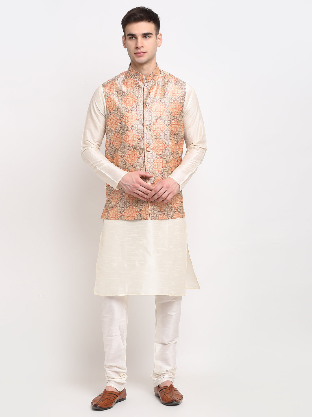 Jompers Men's Off-white Dupion Silk Kurta with Churidar & Nehru Jacket(Peach-Purple) - Distacart