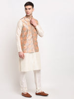 Thumbnail for Jompers Men's Off-white Dupion Silk Kurta with Churidar & Nehru Jacket(Peach-Purple) - Distacart