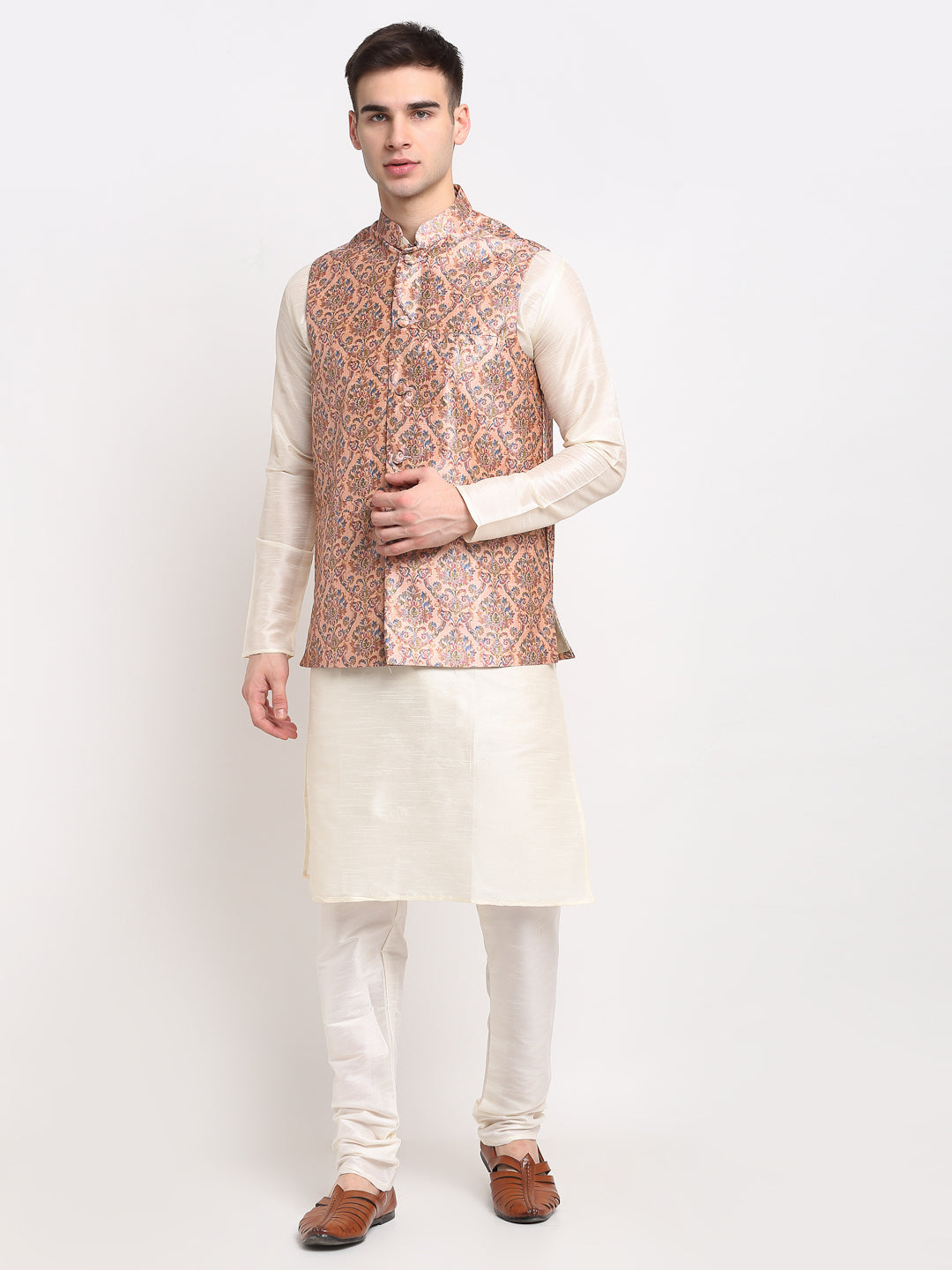 Jompers Men's Off-white Dupion Silk Kurta with Churidar & Nehru Jacket (Peach) - Distacart