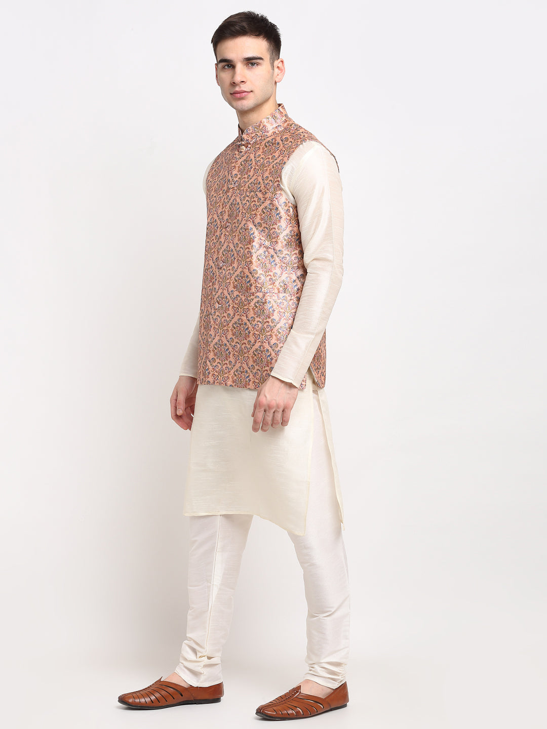 Jompers Men's Off-white Dupion Silk Kurta with Churidar & Nehru Jacket (Peach) - Distacart