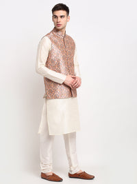 Thumbnail for Jompers Men's Off-white Dupion Silk Kurta with Churidar & Nehru Jacket (Peach) - Distacart