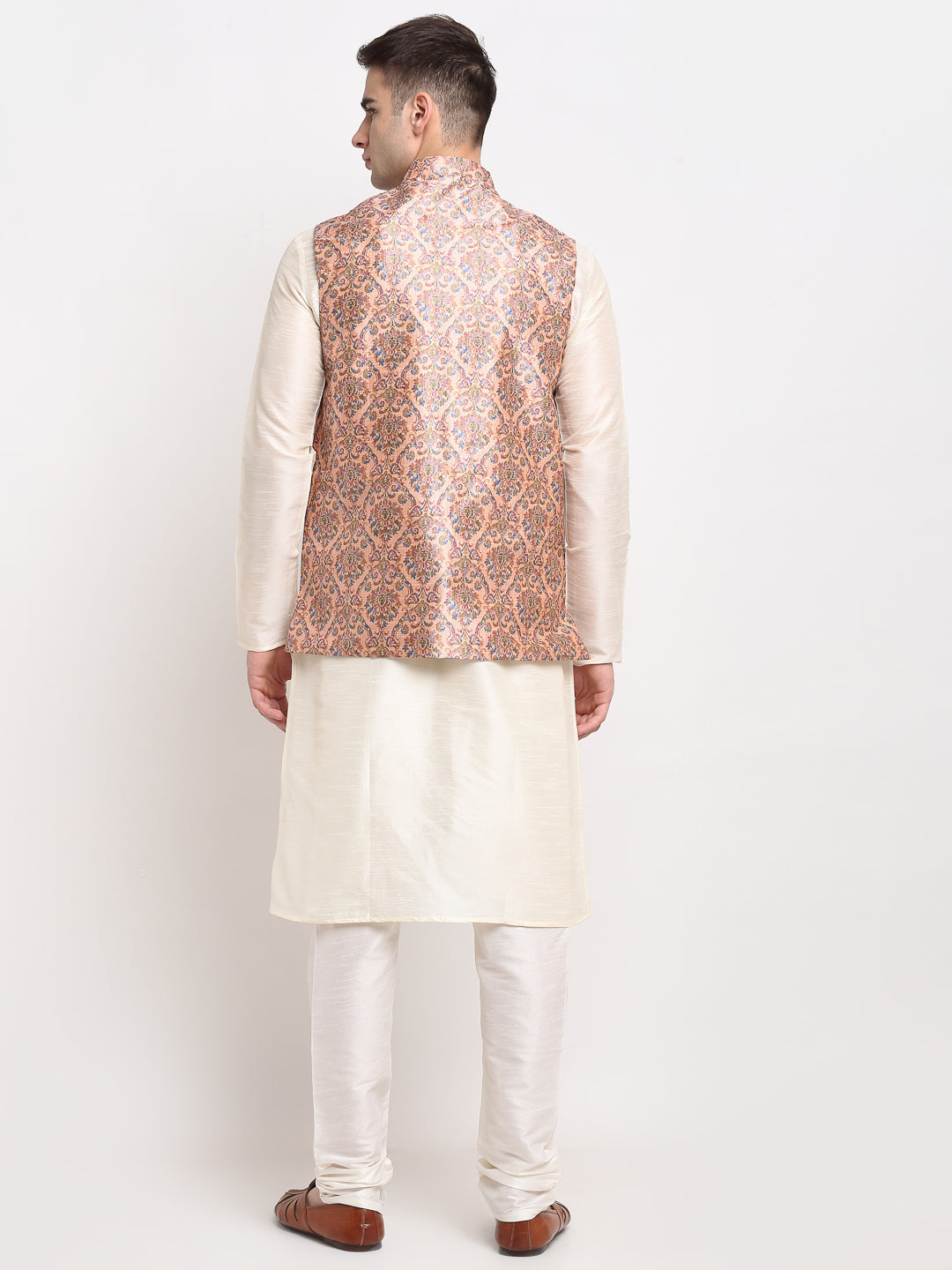 Jompers Men's Off-white Dupion Silk Kurta with Churidar & Nehru Jacket (Peach) - Distacart