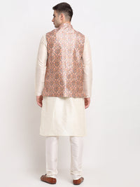 Thumbnail for Jompers Men's Off-white Dupion Silk Kurta with Churidar & Nehru Jacket (Peach) - Distacart