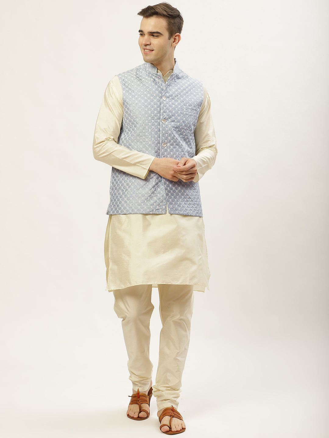 Jompers Men's Embroidered Nehru Jacket & Kurta Pyjama ( Grey ) - Distacart