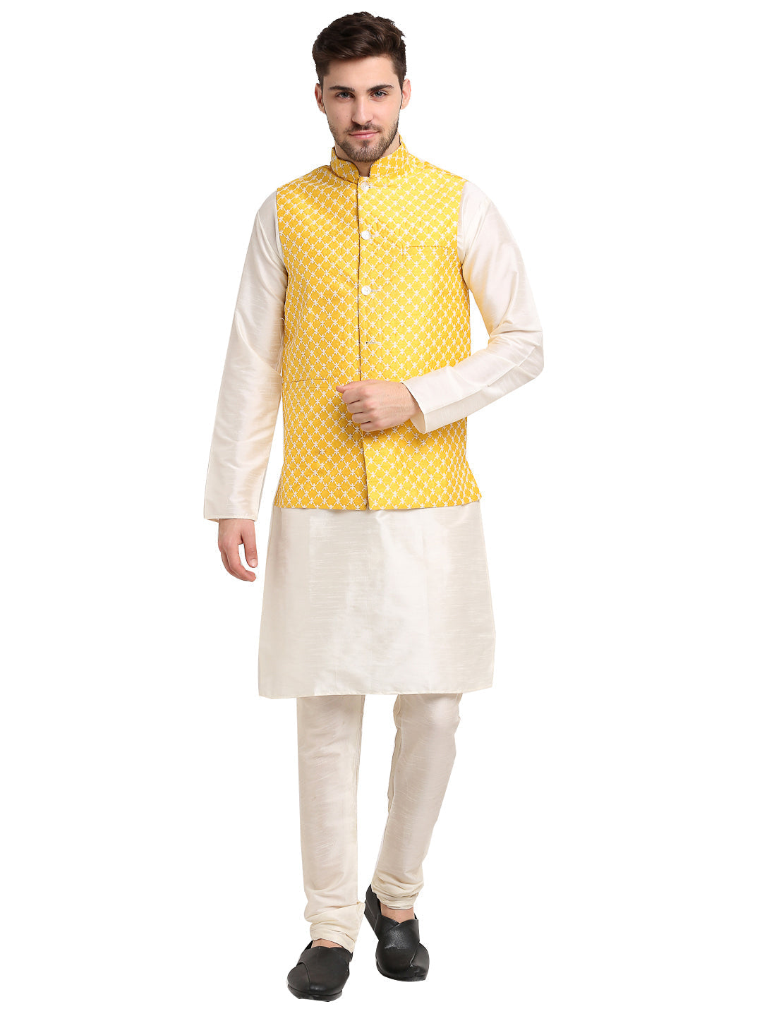 Jompers Men's Embroidered Nehru Jacket & Kurta Pyjama ( Mustard ) - Distacart