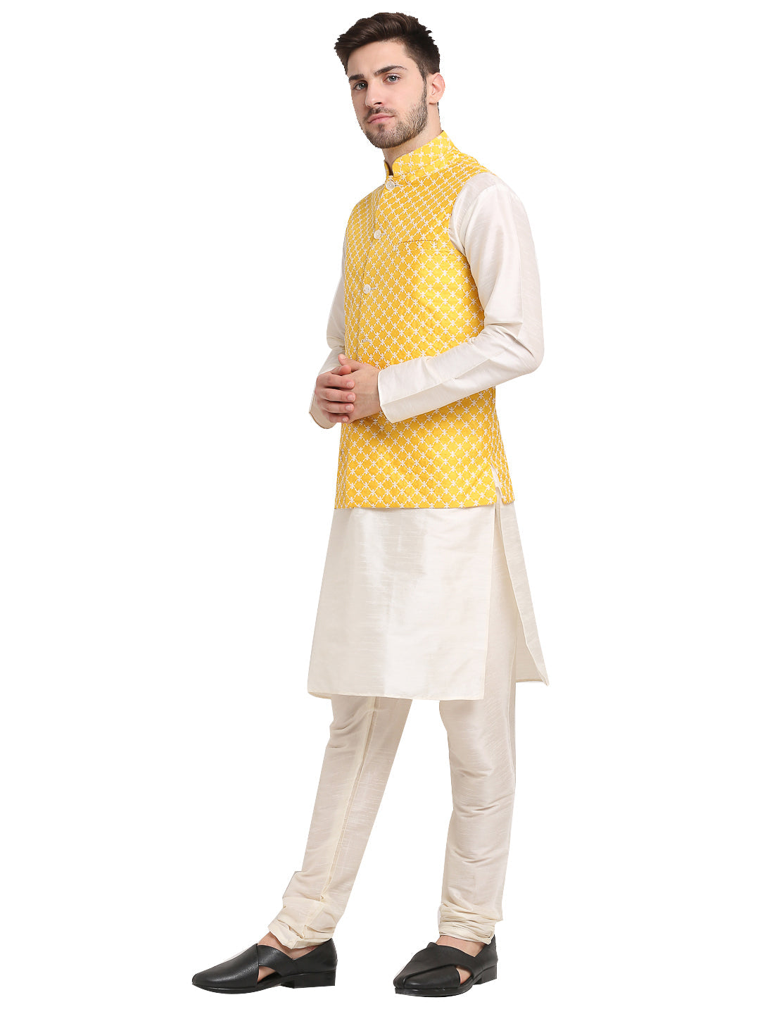 Jompers Men's Embroidered Nehru Jacket & Kurta Pyjama ( Mustard ) - Distacart