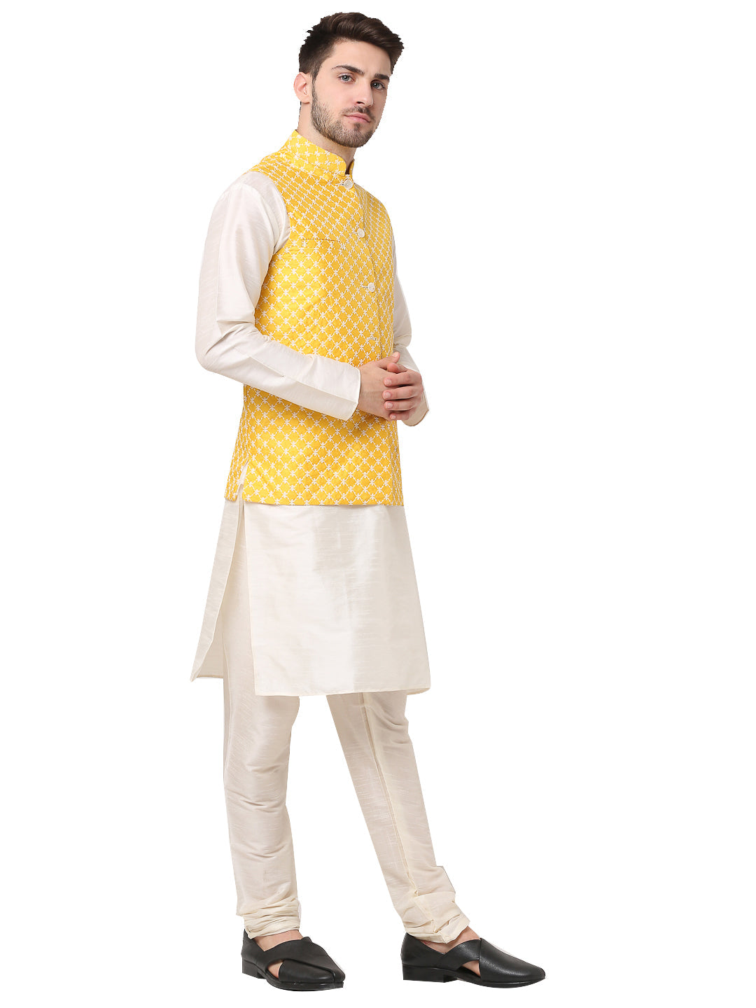 Jompers Men's Embroidered Nehru Jacket & Kurta Pyjama ( Mustard ) - Distacart